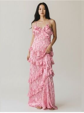 Rareraw Women’s M/L Pink Floral Bow Print Satin Silky Ruffle Maxi Dress Love